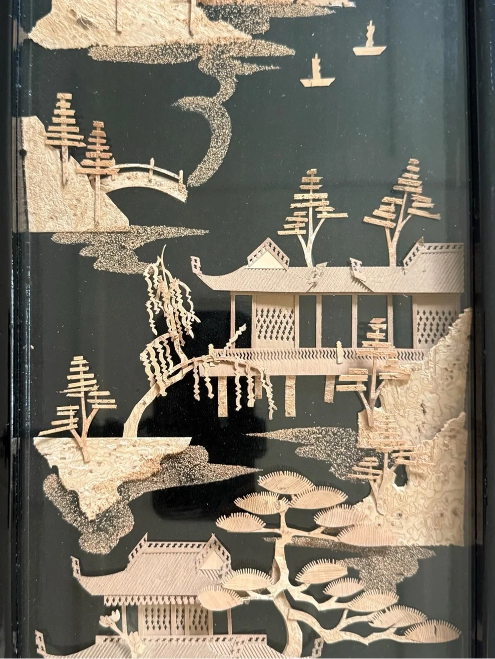 Vtg Chinese Asian Landscape Cork Diorama Wall Art  in Black Lacqered Frame 23x8”
